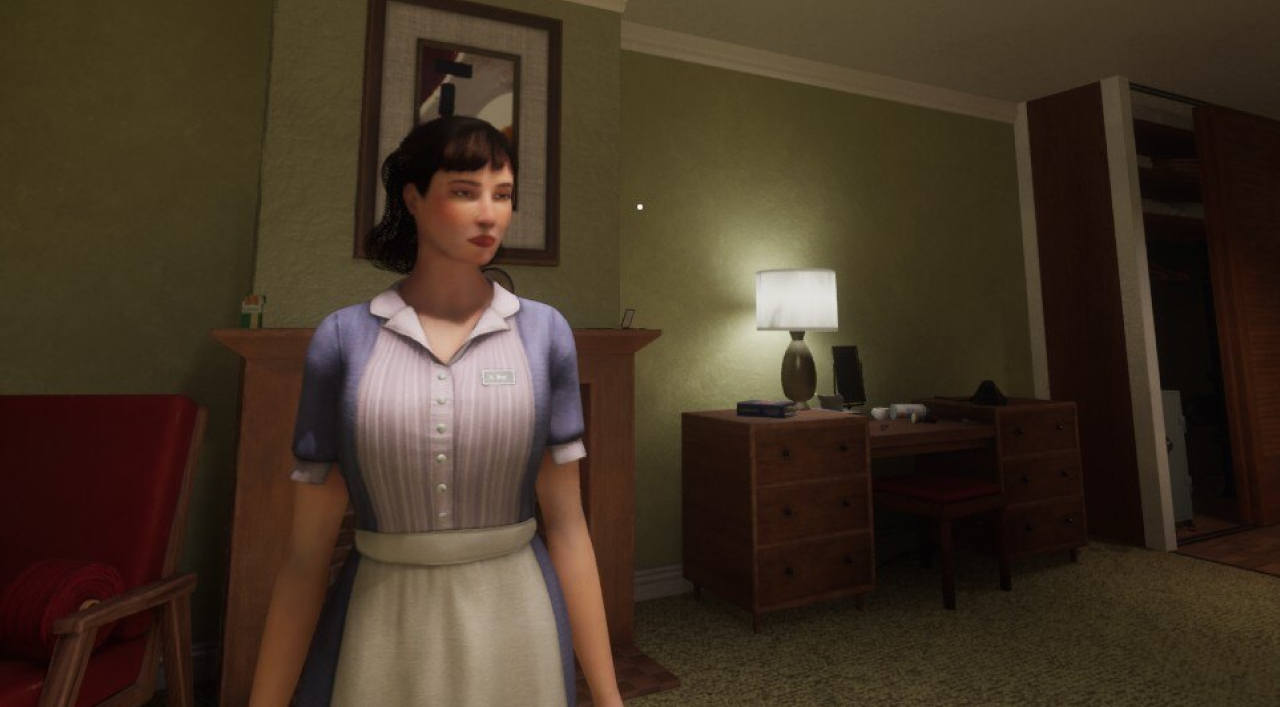 A screenshot of the game. Main character, in her later 20s-30s, wearing a maid uniform from 50s. She is in a hotel room.