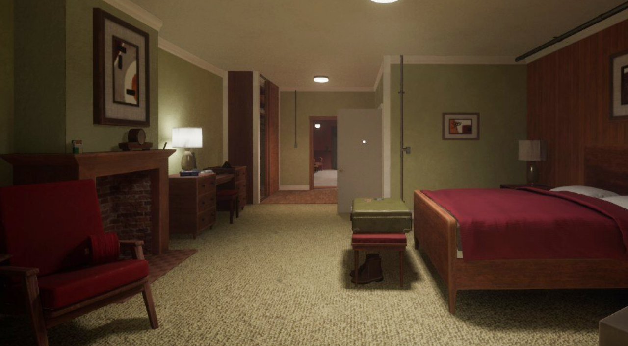 Screenshot. Hotel room. Walls are pistachio green, the bed and other furnitures are in red and wood-brown colors. 