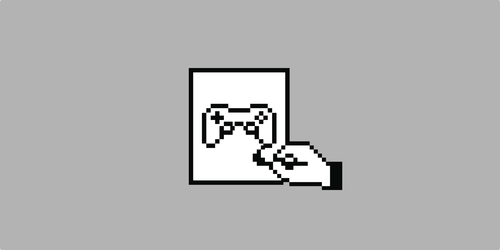 A pixel art, similar to Macintosh II graphics. A hand holding a brush drawing a gamepad on a canvas.
